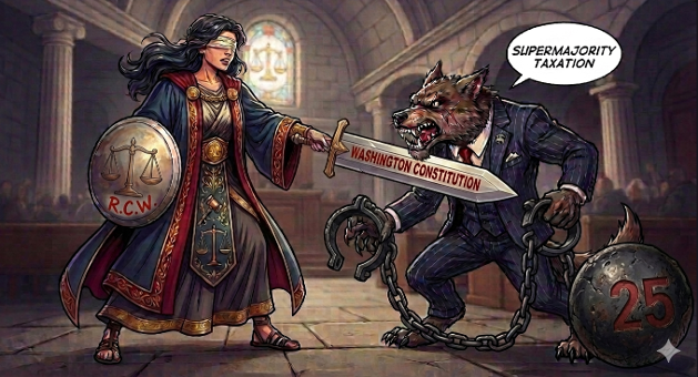 A political cartoon showing a blindfolded Lady Justice wielding a sword at a snarling wolf in a Brooks Brother suit and red tie. Lady Justice holds a shield and sword representing the law. The wolf holds shackles representing Amendment 25.