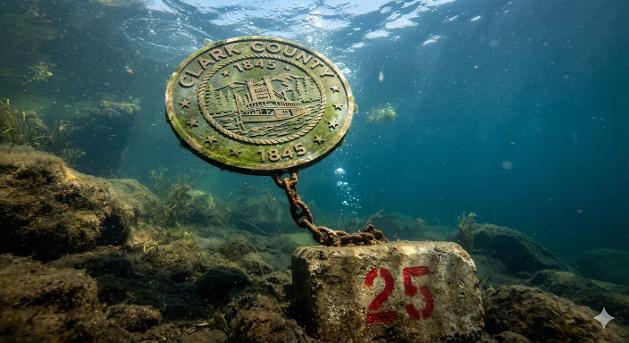 An underwater scene showing a concrete block labeled 25 chained to the seal of Clark County.